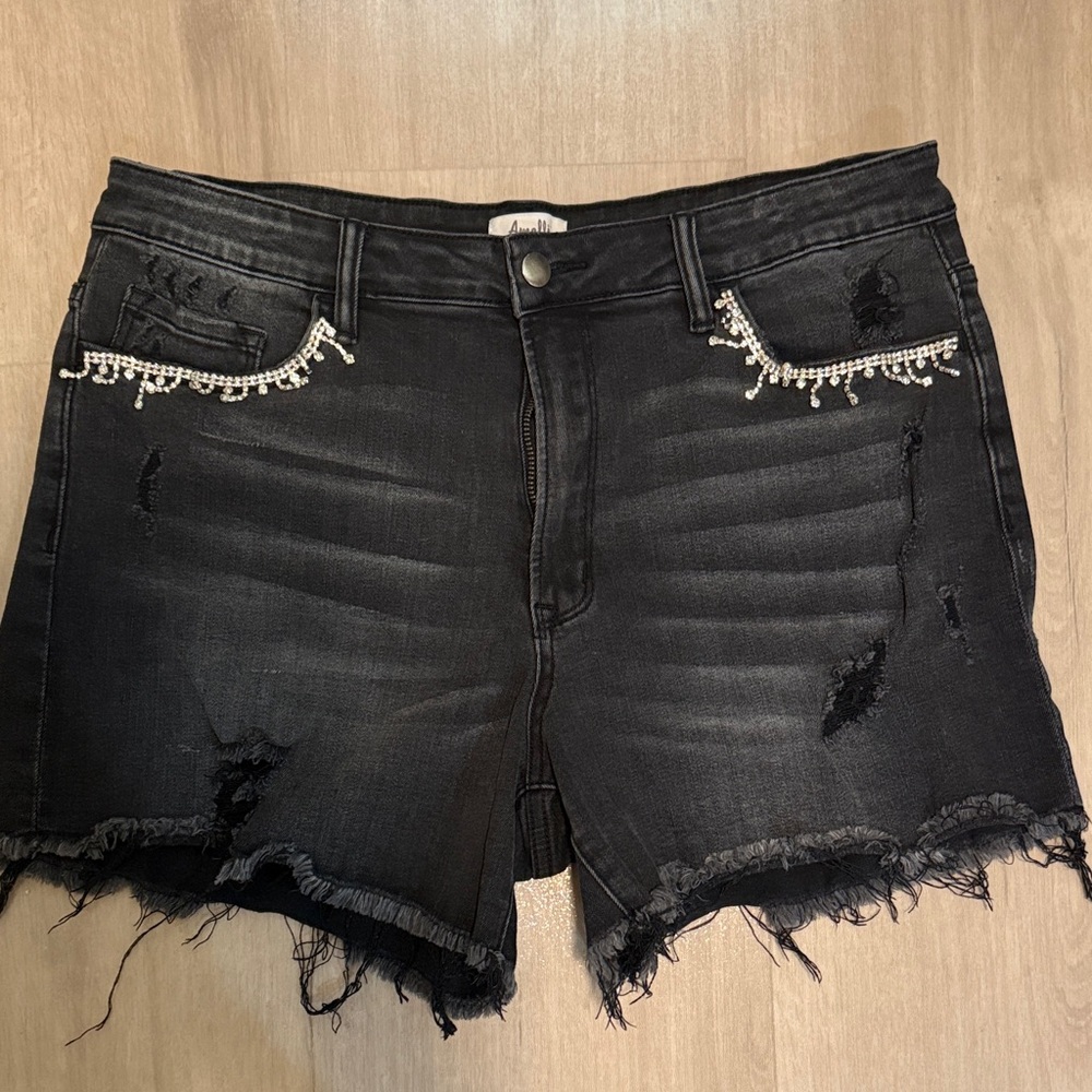 Amalli Talli Black Distressed Denim Shorts with rhinestone Detail